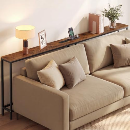 VASAGLE 78.8" Console Table, Narrow Behind Couch Table with Outlet | Sofa Tables with 2 Hooks, for Entryway, Living Room, Easy Assembly, Rustic Brown and Ink Black, BARNET Collection ULNT077K101 - color: Rustic Brown + Ink Black, size: 1 Tier (5.9"D x 78.