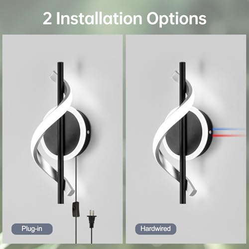 Plug in Wall Sconces Sets of 2, 12W LED Wall Mount Lights, Modern Spiral Wall Lamp, 6000K Cold Modern Light Fixture for Stairs, Living Room, Bedroom, Aisle, Hallway - color: Black-Cool White