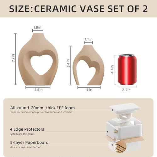 Ceramic Flower Vases Home Decor Heart Shaped Vase Set of 2 | Nordic Heart Shaped Vases Minimalist Decorative Vase for Table Centerpiece Wedding Dining Living Room Office House Decoration - color: Brown