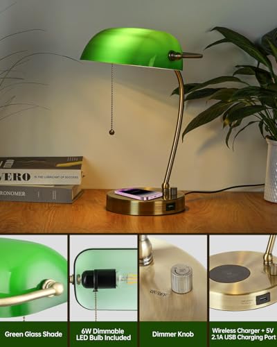 Stepless Dimmable Green Glass Bankers Desk Lamp,LED Bulb Included | Wireless Charger,USB Charging Port for Home Office Table Lamp Plug in Fixture - color: Green-Wireless Charging