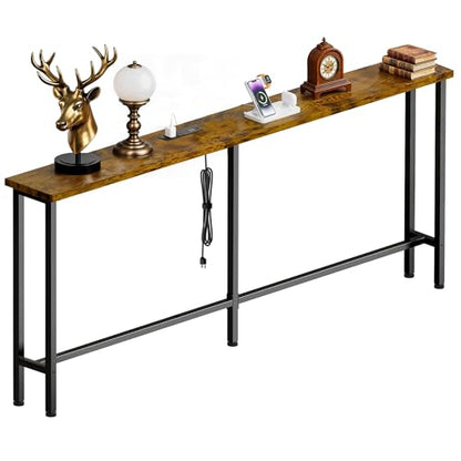GRLEAF 90 Inch Narrow Sofa Table with Power Outlet, Extra Long Console Table Behind Couch Table with Charging Station, Skinny Entryway Table Thin Table for Living Room, Narrow Spaces (Rustic Brown) - color: Rustic Brown, size: 90IN