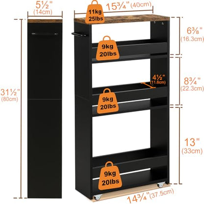 TEAMIX Slim Rolling Storage Cart, Wood 4-Tier Narrow Kitchen/Laundry Cart - color: Black+brown, size: 5-1/2'' W