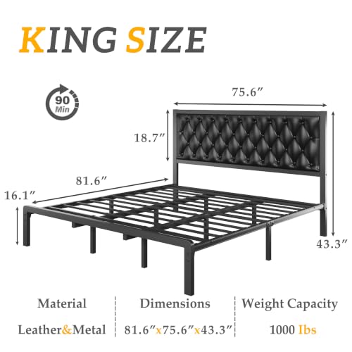 HISOFT King Bed Frame with Upholstered Button Tufted Headboard, Bed Frame Platform Metal Slats Support, Under Bed Storage, No Box Spring Needed, Noise-Free, Easy Assembly, Black - color: Black, size: King
