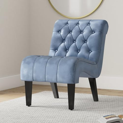 Comfy Velvet Accent Chair Set of 2, Tufted Armless Chair with Rolled Edge | Modern Small Lounger for Living Room, Upholstered Reading Chaise Lounge with Solid Rubber Wood Legs, Light Blue - color: Blue, size: Set of 2