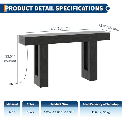 IDEALHOUSE 63" Entryway Table with Power Outlet, Console Table for Entryway | Black, Wooden Sofa Table, Narrow Hallway Foyer Table for Entryway, Hallway, Living Room - color: Black