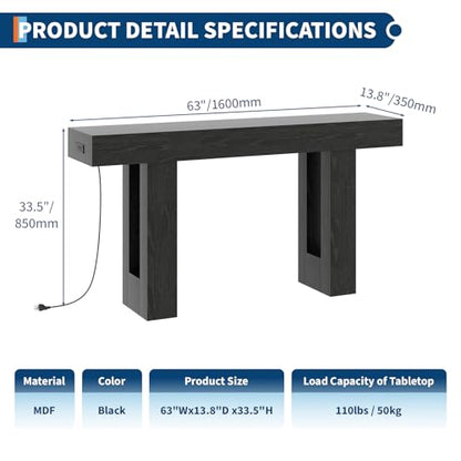 IDEALHOUSE 63" Entryway Table with Power Outlet, Console Table for Entryway | Black, Wooden Sofa Table, Narrow Hallway Foyer Table for Entryway, Hallway, Living Room - color: Black