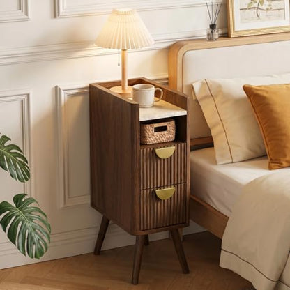 Narrow Nightstand with 2 Drawers, Wooden Bedside Table with Open Storage Space, Easy Install Slim Night Stand for Apartments, Narrow Bedroom Corners, Living Room End Table