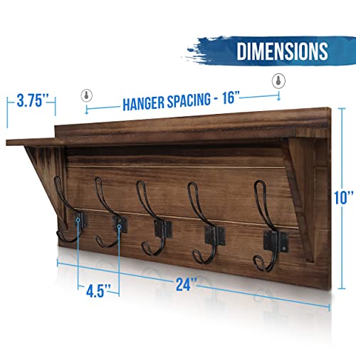 HBCY Creations Rustic Brown Solid Wood Wall Mounted Coat Rack with Shelf, 5 Hooks, 24" Long - Kitchen, Mudroom, Entryway, Bathroom - Includes Mounting Hardware, Coat Hanger, Dog Leash Hooks - color: 1- Rustic Brown