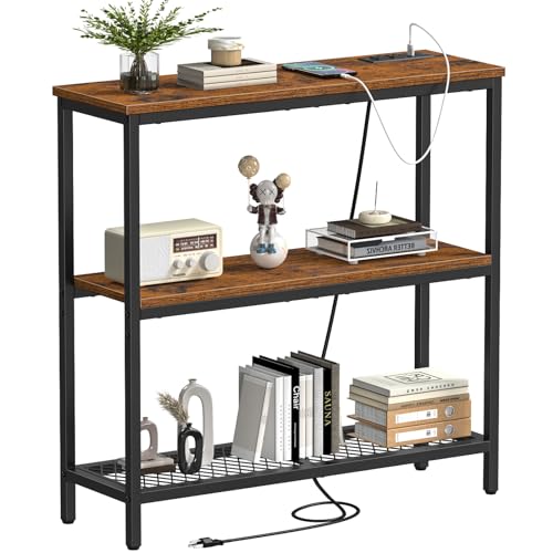 Snughome Console Table with Power Outlets, Entryway Table with Storage, Narrow Sofa Table with 3 Tier Shelves, 2 USB Ports, 2 Power Outlets, Hallway Table for Couch, Living Room, Entrance - color: Rustic Brown