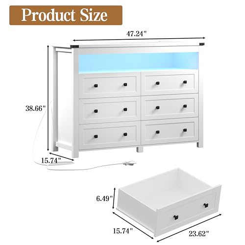 White Dresser 6 Drawer Dressers for Bedroom with LED Lights, Charging Station, Wood Chest of Drawers with Metal Handles, Modern TV Stand Storage Cabinet for Living Room, Hallway, Entryway - color: White, style: LED 6 Drawers