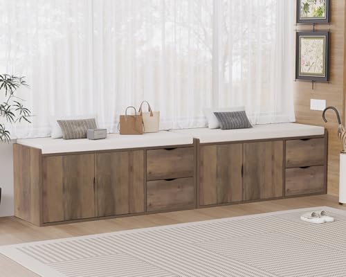 LVB Entryway Bench with Storage, 40" Shoes Bench with Padded Cushioned Seat | Farmhouse Shoe Bench with 2 Drawers Cabinet Shelf, Industrial Wood Shoe Rack Bench for Living Bedroom, Rustic Oak - color: Rustic Oak