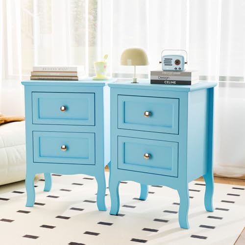 Bonnlo Nightstand Set of 2, Nightstands with 2 Drawers, Blue Nightstand, Bed Side Table/Night Stand, Small Nightstands for Bedroom, Small Spaces, College Dorm, Kids’ Room,Living Room, Wood,16W*12D*24H - color: Blue
