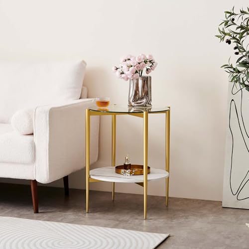 LumFurn D18in Round Glass End Table, Mid-Century Modern Side Table for Living Room, D18xH23inch, Clear Glass and White Marble MDF Wood, Gold Finish Frame - color: D18" Clear & White Marble