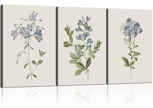 3 Pcs Framed Blue Botanical Canvas Wall Art Vintage Floral Plant Print Posters Rustic Farmhouse Minimalist Flower Decor for Living Room Bedroom 16x24 inch Ready to Hang - color: Blue Botanical, size: 24"L x 16"W