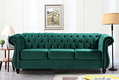 GDFStudio 82.6" Chesterfield Sofa Set, Modern Velvet Upholstered Sofa Set, Comfy 3 Seat Couch with Loveseat for Living Room Apartment, Button Tufted Rolled Arms Solid Wood Legs Spring Cushion, Black - color: Green, size: 3+2 Seat