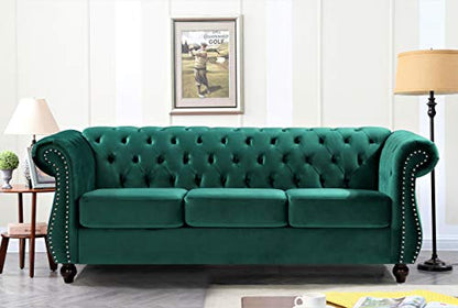 GDFStudio 82.6" Chesterfield Sofa Set, Modern Velvet Upholstered Sofa Set, Comfy 3 Seat Couch with Loveseat for Living Room Apartment, Button Tufted Rolled Arms Solid Wood Legs Spring Cushion, Black - color: Green, size: 3+2 Seat