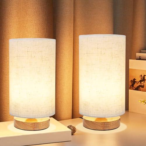 Small Bedside Table Lamp for Bedroom set of 2,Minimalist Wood Base & Round Fabric Shade,Mini Cute Cozy Warm Nightstand Boho Lamp set, Study Desk Night Stand Light for Room, Dorm,Nursery,Living Room - size: Round - Set of 2