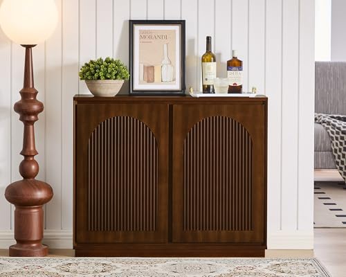 Narrow Sideboard Buffet Storage Cabinet,Thin Entryway Cabinet,Walnut | Solid Wood Veneer;39"L*9.3"W*32.1"H;Slim Arched Credenza Storage Cabinet;Mid-Century Modern Accent Cabinet with Anti-Tipping - color: A- Walnut, size: 1 Piece