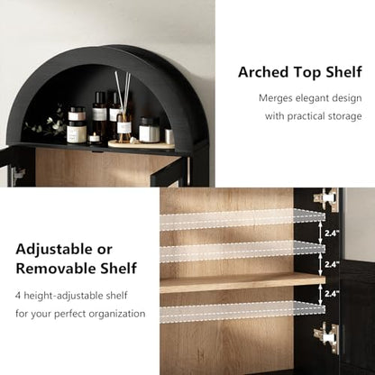 RUSTOWN Arched Bathroom Wall Cabinet with 2 Glass & Rattan Doors | Rattan Medicine Cabinet, Farmhouse Over the Toilet Storage Cabinet, Adjustable Shelves, 3-Tier Wall Mounted Cabinets - color: Rustic Black