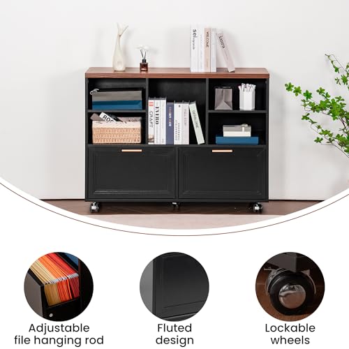 60" Professional Office Desk with 40" Mobile File Cabinet,Business Desk with Charging Station,L Shaped Executive Desk Set for Office Work,Home Study - color: Walnut & Black