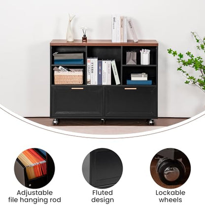 60" Professional Office Desk with 40" Mobile File Cabinet,Business Desk with Charging Station,L Shaped Executive Desk Set for Office Work,Home Study - color: Walnut & Black