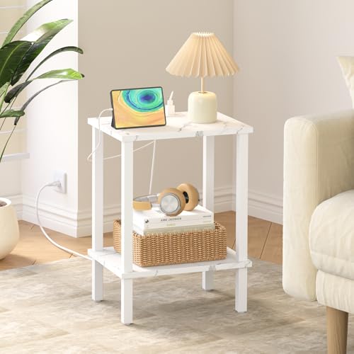 TUTOTAK End Table with Charging Station, Side Table Set of 2, Nightstand | 2-Tier Storage Shelf, Bedside Table with USB Ports, Sofa Table for Small Space, Livingroom, Bedroom Marble White TB01BMW041 - color: Marble White