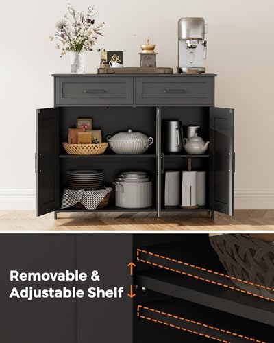 Homhedy Coffee Bar Storage Cabinet with Drawers, Kitchen Buffet Cabinet | Sideboard Cabinet with Doors, Farmhouse Buffet Cabinet, Adjustable Shelves, for Kitchen / Dining / Living Room, Black - color: Black