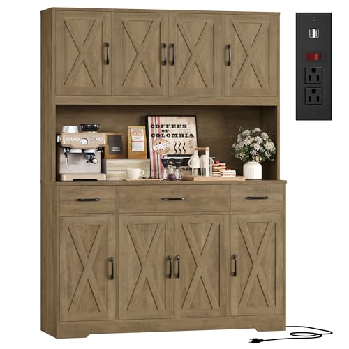 HOSTACK 71" Tall Kitchen Pantry Storage Cabinet, 55" W Kitchen Hutch, Brown | Large Pantry Cabinet with Charging Station / Countertop / 3 Drawers, Farmhouse Hutch Cabinet with Storage for Dining Room - color: Rustic Brown
