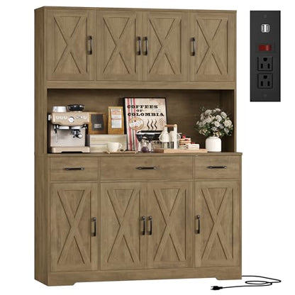 HOSTACK 71" Tall Kitchen Pantry Storage Cabinet, 55" W Kitchen Hutch, Brown | Large Pantry Cabinet with Charging Station / Countertop / 3 Drawers, Farmhouse Hutch Cabinet with Storage for Dining Room - color: Rustic Brown