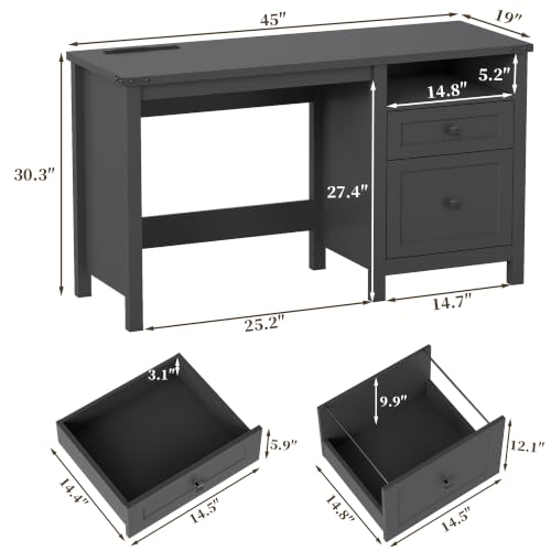 Farmhouse Executive Desk with Charging Station, 45″ Home Office Computer Desk with Drawer & Open Shelf, Writing Desk for Small Space,Black - color: Black