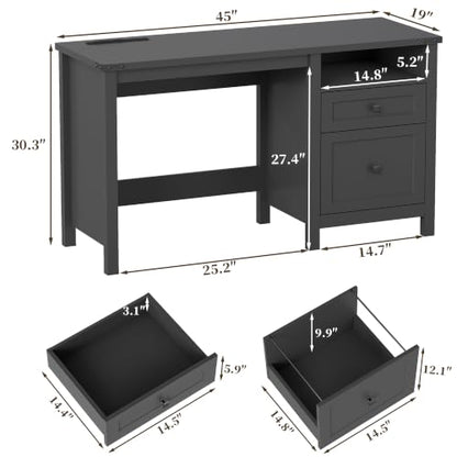 Farmhouse Executive Desk with Charging Station, 45″ Home Office Computer Desk with Drawer & Open Shelf, Writing Desk for Small Space,Black - color: Black