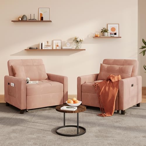 Convertible Sleeper Chair Sofa Bed, 3-in-1 Pull Out Sofa Chair, Pink | 3 in 1 Chair Bed, Adjustable Backrest, Storage Pocket, Compact Fit for Living Rooms, Apartments, Guest rooms - color: Pink Premium Velvet
