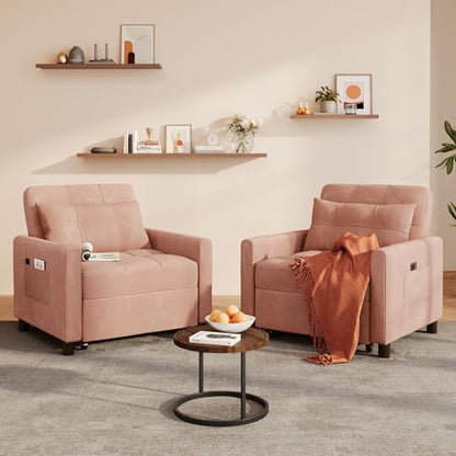 Convertible Sleeper Chair Sofa Bed, 3-in-1 Pull Out Sofa Chair, Pink | 3 in 1 Chair Bed, Adjustable Backrest, Storage Pocket, Compact Fit for Living Rooms, Apartments, Guest rooms - color: Pink Premium Velvet