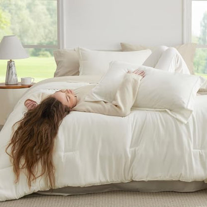 Bedsure 풀 이불 세트 - 7피스 화이트 풀 침구 세트, 사계절용 보헤미안 대조적인 디자인 침대, 이불, 시트, 베개 커버 및 베개 커버가 포함된 가방 포함 - color: 03 - 화이트/베이지, size: 풀