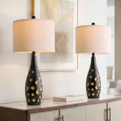 BOBOMOMO 26” Table Lamps Set of 2 for Living Room Bedroom, Modern Gold Accent Bedside Lamps with Linen Shade & Rotary Switch, Modern Farmhouse Nightstand Lamps for End Tables, Home Decor - color: Black&Gold Details