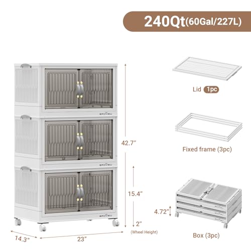BROVIEW 240Qt Stackable Storage Bins with Lid for Home Dorm, 3Pack White | Closet Organizers, Foldable & Collapsible Cabinets, Large Containers, Wheels & Magnetic Doors, Plastic Drawers for School - color: White, size: 80QT-3Pack