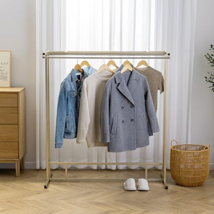 MyGift 4ft Tall Brass Tone Stainless Steel Freestanding Garment Rack, Heavy Duty Double Rod Clothes Closet Stand, Coat Dress Clothing Storage Display Shelf - color: Brass