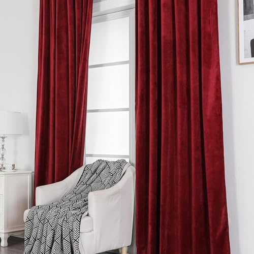 Benedeco Burgundy Red Velvet Blackout Curtains 52x63, Back Tab, 2 Panels | Elegant Room Darkening Thermal Insulated Energy Saving Noise Reducing Velvet Window Drapes for Living Room, Bedroom - color: Backtab-red, size: 52"W x 63"L (Pack of 2)
