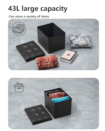 Bsketa 2PC Storage Ottoman, Folding Foot Stool with Thicker Foam Padded Seat Small Leather Storage Ottoman Bench Foot Rest for Living Room Foldable Coffee Table 17x13x13in,Black | Ottoman with Storage, Thicker Foam Padded Seat, Living Room, Dorm, Bedroom,