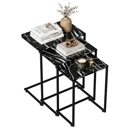 ZenStyle Nesting Coffee Table Set of 6 Side Tables, Industrial C-Shaped End Tables with Wood Table Top & Sturdy Metal Frame Stacking Accent Furniture - color: Black