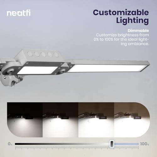 Neatfi Pro LED Desk Lamp | 3,000 Lumens | Dimmable 30W Desk Light | 360 SMD LEDs | CRI 95 | Adjustable Color Temperature | Home, Office, or Workbench (Silver, 41-Inch, CCT with Clamp) - color: Silver
