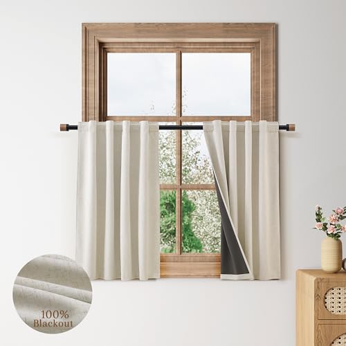 Beige 100% Blackout Kitchen Linen Curtains Back Tab 30 Inch Length Privacy Elegant Mini Cafe Curtain for Modern Rustic Farmhouse Bathroom Thermal Insulated Bedroom Small Drape 26x30 - color: Beige, size: 26"W x 30"L (Pack of 2)