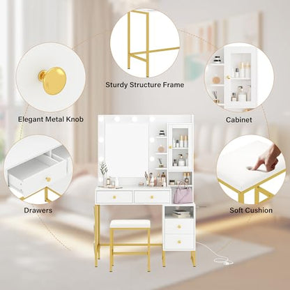 Vanity Desk with Mirror and LED Lights & Power Outlet | Large Makeup Vanity Table with 5 Drawers and 4 Storage Cabinets, White Dressing Table for Bedroom - size: 004 White
