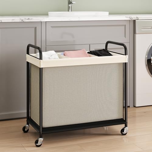 ELYKEN Laundry Hamper 3 Section, 120L Rolling Laundry Sorter with Wheels | Removable Washable Liner Bags, Sturdy Steel Frame and Metal Handle, 3 Compartment Clothes Organizer for Laundry Sorting - color: Beige, size: 3-Section