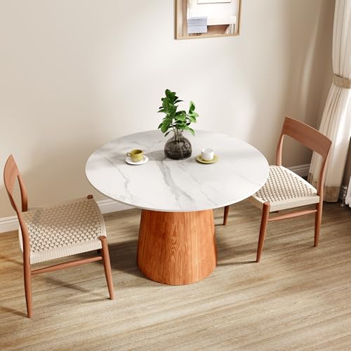 43" Round Dining Table for 4, Sintered Stone Top Solid Wood Pedestal, Snowy White+Brown (Table Only) - color: Snowy White+brown, size: 43"