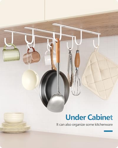3 Pack Mug Hooks Under Cabinet with 9 Hooks for Displaying Mugs, White | Coffee Mug Holder for Hanging Under Shelf, Cup Hanger, Coffee Cups and Kitchen Utensils - color: White