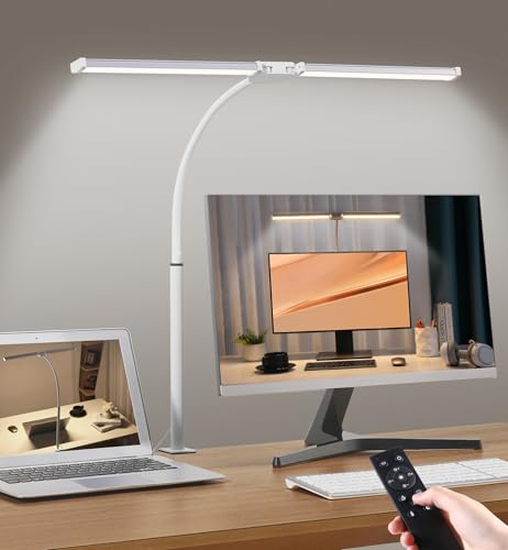 Motumen Led Desk Lamp for Home Office, Eye-Care Desk Light Clamp, White | Smart Double Head Computer Monitor Table Clip Lamp, Adjustable Flexible Goose-Neck, 25 Lighting Models, Task Lamp - color: White and Sliver
