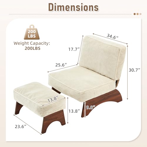 EROMMY Accent Chair with Ottoman, Modern Corduroy Living Room Chair with Adjustable Backrest & Footrest Set, Comfy Reading Chair for Living Room Bedroom Reading Room Guestroom, Cream - color: Cream