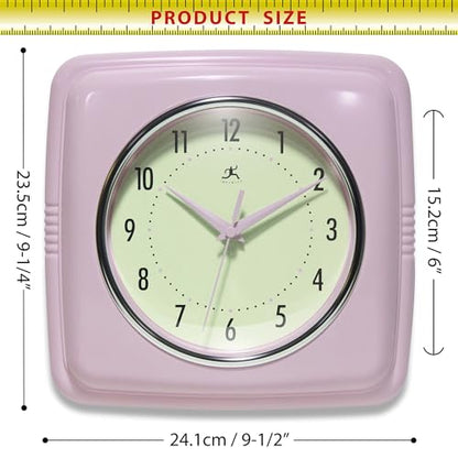 Infinity Instruments Square Retro Wall Clock, Pastel Pink, 9.25" - color: Pastel Pink