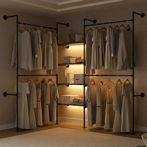 Expandable Industrial Pipe Clothing Rack with LED & Shelves | Heavy Duty Garment Rack with 4 Shelves & 4 Rods, Wall Mounted Closet Organizer for Bedroom, Laundry Room, Fits 72.8"- 110.6"